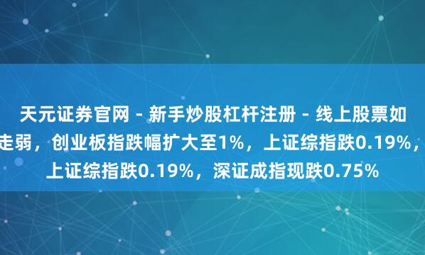 天元证券官网 - 新手炒股杠杆注册 - 线上股票如何配资开户 A股指数走弱，创业板指跌幅扩大至1%，上证综指跌0.19%，深证成指现跌0.75%
